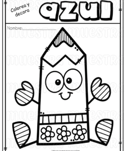 Una página para colorear en blanco y negro que presenta un lápiz de dibujos animados con una cara, manos y pies sonrientes, decorado con flores y Hojas para trabajar los colores. La palabra 