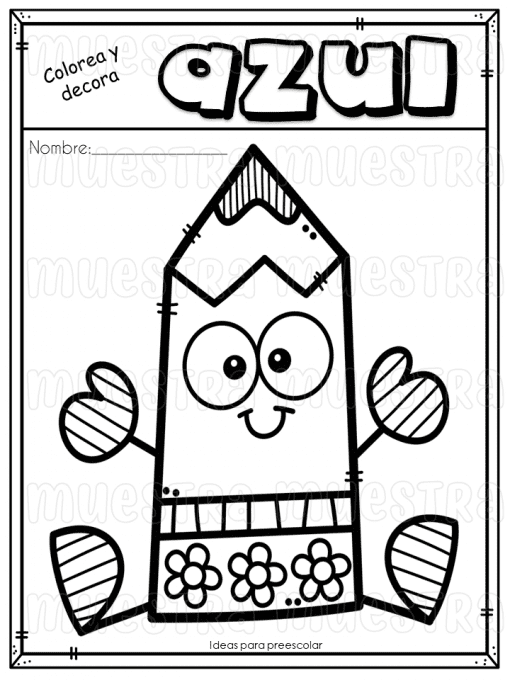 Una página para colorear en blanco y negro que presenta un lápiz de dibujos animados con una cara, manos y pies sonrientes, decorado con flores y Hojas para trabajar los colores. La palabra "azul" está en la parte superior y se proporciona espacio para un nombre.