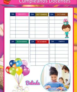 Colorida tabla de cumpleaños para profesores con los meses de agosto a enero, espacios para rellenar fechas y nombres, globos de dibujos animados, una niña de dibujos animados con un regalo y la foto de una niña sonriente en la parte inferior. El nombre 