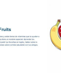 Cuadernillo de Inglés – Primaria NEM | Fase 3 10 Texto en español e inglés sobre frutas junto a una ilustración de un plátano, una manzana roja y una fresa.