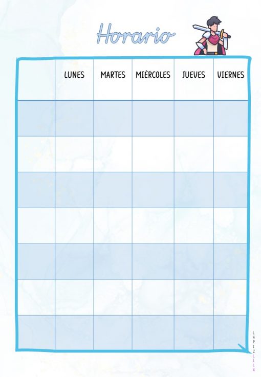 Una plantilla de programación semanal de AGENDA AZUL etiquetada en español: Lunes, Martes, Miércoles, Jueves, Viernes. La parte superior presenta "Horario" y un caballero de dibujos animados sosteniendo una espada en la parte superior derecha. ¡Perfecto para organizar tu agenda o bitácora con estilo!