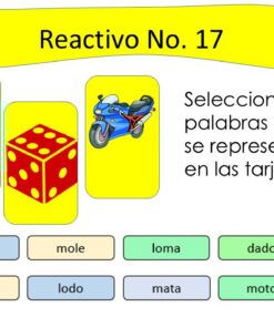 Tarjeta de instrucciones en español con imágenes de una montaña, un dado y una motocicleta. El texto dice: 
