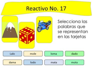 Tarjeta de instrucciones en español con imágenes de una montaña, un dado y una motocicleta. El texto dice: "Selecciona las palabras que se representan en las tarjetas". Las opciones de palabras se muestran debajo de las imágenes.