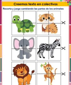 Hoja de trabajo con dibujos de una tortuga, un tigre, un elefante, una cebra, un león y un mono, cada uno dividido en tres secciones recortables para una actividad de mezclar y combinar partes de animales. El texto en español da instrucciones para recortar y jugar.