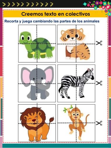 Hoja de trabajo con dibujos de una tortuga, un tigre, un elefante, una cebra, un león y un mono, cada uno dividido en tres secciones recortables para una actividad de mezclar y combinar partes de animales. El texto en español da instrucciones para recortar y jugar.