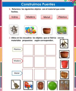 Ficha educativa en español que muestra objetos y materiales (vidrio, madera, metal, plástico) para emparejar. Incluye imágenes de varios objetos como una campana, bloques de juguete, cubo y sillas, con casillas en blanco para clasificar.