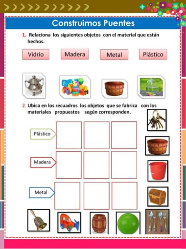 Ficha educativa en español que muestra objetos y materiales (vidrio, madera, metal, plástico) para emparejar. Incluye imágenes de varios objetos como una campana, bloques de juguete, cubo y sillas, con casillas en blanco para clasificar.