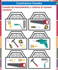 Se muestran seis cajas de herramientas, cada una de las cuales contiene diferentes herramientas de construcción. Encima de cada caja de herramientas hay tres números en círculos. La tarea consiste en contar el número de herramientas que hay en cada caja y colorear el número correcto. El texto está en español.