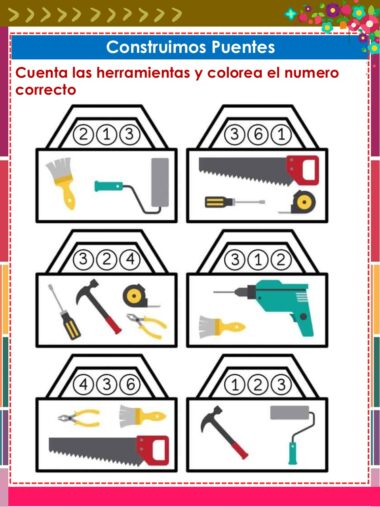 Se muestran seis cajas de herramientas, cada una de las cuales contiene diferentes herramientas de construcción. Encima de cada caja de herramientas hay tres números en círculos. La tarea consiste en contar el número de herramientas que hay en cada caja y colorear el número correcto. El texto está en español.