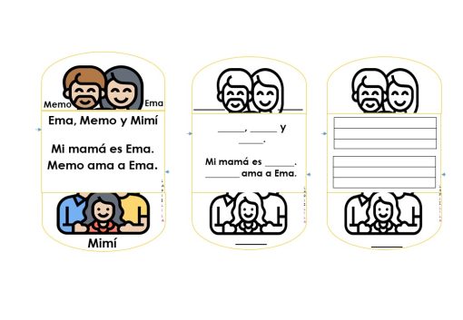 Una hoja de trabajo educativa que incluye tres secciones para Planeación de Clases Consonantes M-P. A la izquierda se muestran personajes de dibujos animados etiquetados Memo, Ema y Mimí con la frase "Ema, Memo y Mimí. Mi mamá es Ema. Memo ama a Ema". La sección central tiene un ejercicio para completar espacios en blanco usando M y P, y la sección derecha tiene líneas en blanco.