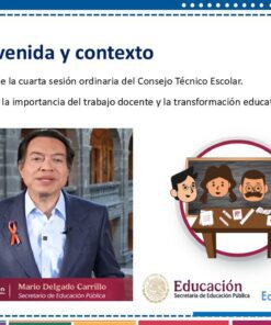 Un hombre con traje se encuentra de pie en una habitación, con un texto con detalles sobre una reunión del Consejo Técnico Escolar en México a su lado. Se incluyen íconos de un maestro y estudiantes en un escritorio, junto con logotipos de YouTube y organizaciones educativas.