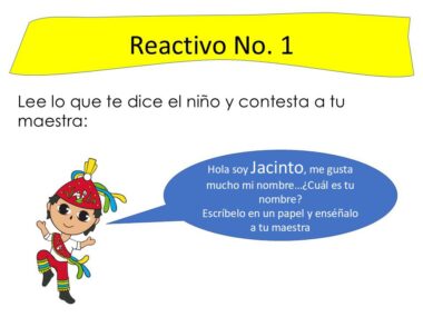 Ilustración de un niño con vestimenta indígena tradicional saludando, con un globo de diálogo que dice: "Hola soy Jacinto, me gusta mucho mi nombre... ¿Cuál es tu nombre? Escríbelo en un papel y enséñalo a tu maestra.