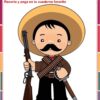 Dibujo animado de un niño como revolucionario mexicano con sombrero, bigote, cinturones de municiones, rifle y espada. Borde colorido y texto en español-perfecto para 