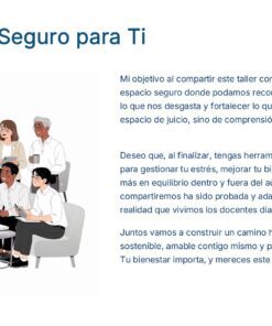TALLER PARA DOCENTES: “Estrategias Prácticas para Manejar el Estrés en el Aula 11 Un grupo heterogéneo de personas sentadas en círculo, hablando y sonriendo, con un terapeuta tomando notas. El texto junto a la imagen describe la creación de un espacio seguro y de apoyo para el bienestar emocional.