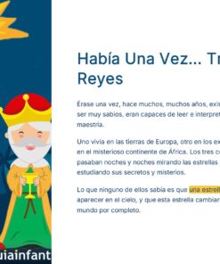 Tres reyes de dibujos animados con túnicas y coronas de colores bajo un cielo nocturno estrellado con un cometa brillante. El texto que aparece junto a ellos cuenta la historia de los Reyes Magos y una estrella especial que los guía.