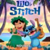 Agenda Escolar Lilo & Stitch 2025 – 2026 Editable 12 Lilo, vestida con un traje de hula, y Stitch, con un ukelele en la mano, sonríen en una playa con palmeras y una puesta de sol. El texto de arriba dice