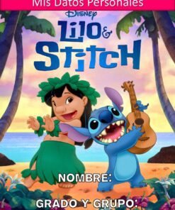 Lilo, vestida con un traje de hula, y Stitch, con un ukelele en la mano, sonríen en una playa con palmeras y una puesta de sol. El texto de arriba dice 