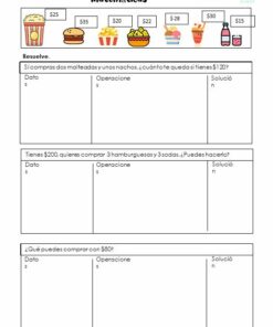 CUADERNILLO DE REPASO DE MATEMÁTICAS con preguntas sobre gastos y compras de artículos, como palomitas de maíz, nachos, hamburguesas y refrescos, representados con precios y casillas de verificación etiquetadas como 