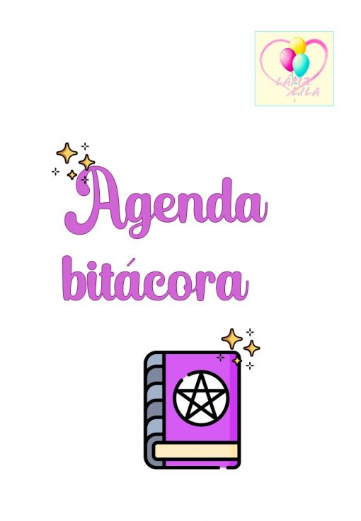 Oración con nombre del producto: Imagen que muestra el título "AGENDA-BITÁCORA" en letra cursiva de color violeta suave, decorada con gráficos de estrellas. A continuación se muestra un gráfico de un cuaderno con una cubierta morada que presenta un diseño de brújula.