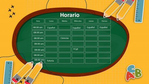 Imagen de un horario escolar semanal titulado "Horario" sobre un fondo colorido con lápices, reglas y las letras "ASB" en la esquina inferior derecha. Este Paquete de Horarios Escolares / Editables Power Point editable enumera temas como Español, Ciencias y FCE junto con una Tutoria los viernes, todo a las 08:00 am.