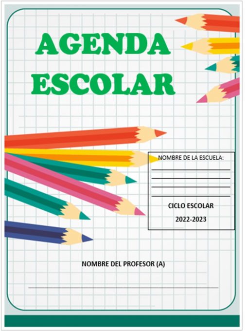 Ilustración de una colorida portada de agenda escolar con doce lápices sombreados en varios colores. El texto editable incluye "Agenda Escolar Didáctica 100 % editable. Para cualquier grado. Para el ciclo escolar 2022-2023", con espacios para completar el nombre de la escuela, ciclo escolar 2022-2023 y nombre del profesor. El fondo es de estilo papel cuadriculado.