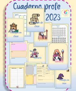 La colorida portada del cuaderno de profesor de español para la AGENDA 2023 CUADERNO PROFE presenta secciones para actividades de clase, horarios de clases, tareas y más. Ilustrado con iconos como un castillo, un pergamino y personajes. El fondo incluye tonos pastel y un logotipo de corazón en la esquina superior derecha.