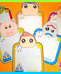 Marcapáginas coloridos con caras de dibujos animados de los personajes de Carteles de Cumpleaños de TOY STORY, incluido un extraterrestre verde, un cerdo y niños con varias expresiones, mostrados sobre un fondo vibrante.