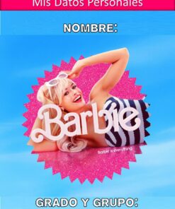 Imagen de portada colorida para datos personales que muestra a una joven rubia sonriente en traje de baño a rayas. Se apoya sobre un fondo rosa brillante con el texto 