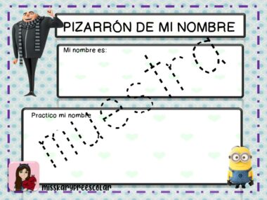 Una hoja de trabajo titulada "PIZARRÓN DE NOMBRE MINIOMS" muestra un pizarrón colorido con secciones para escribir el nombre y practicar la escritura a mano, con personajes de dibujos animados como un hombre alto con un abrigo negro y una pequeña figura amarilla con gafas para que el aprendizaje sea agradable.