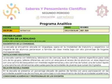 Imagen de un documento académico con encabezado "PLANEACION MATEMATICAS 2 TRIMESTRE 2" de una institución educativa. Describe el plan del curso para una clase de matemáticas de segundo grado, el año escolar 2023-2024. Las secciones incluyen análisis de la comunidad, instalaciones educativas y acciones docentes para cada trimestre.