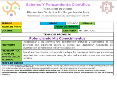 Imagen de un documento de planificación de proyecto en español titulado "Saberes Y Pensamiento Científico". Describe los detalles para el segundo período de un Proyecto Matemáticas Secundaria: ¡Explora el fascinante mundo de las potencias con exponente entero!, enfocándose en comprender y aplicar reglas de exponenciación, incluidas potencias y exponente entero. Incluye objetivos, problemáticas y perfiles de salida de los estudiantes.
