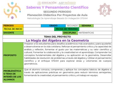 Un colorido cartel educativo titulado "Proyecto: La Magia del Álgebra en la Geometría (Matemáticas Secundaria)". Detalla un plan de aprendizaje basado en proyectos para una clase de matemáticas de segundo grado, centrándose en "La Magia del Álgebra en Geometría". El cartel incluye secciones sobre metas, objetivos y metodología.