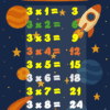 Ilustración de la tabla del 3 en español con coloridos gráficos de temática espacial, que incluyen planetas, un cohete y estrellas. Los resultados de las multiplicaciones están escritos en colores vivos, por ejemplo, 3 x 1 = 3, 3 x 2 = 6, hasta 3 x 10 = 30.