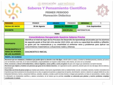 Un documento de planificación educativa titulado "DIAGNOSTICO OPERACIONES BASICAS SECUNDARIA" describe una unidad de matemáticas de primer grado, que se centra en las operaciones básicas. Abarca el período, el tema, las notas del maestro, los objetivos de la actividad, el perfil del estudiante y las habilidades de resolución de problemas que se pretenden desarrollar.