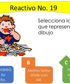 Un niño de dibujos animados come un tazón de sopa de tomate con una cuchara, ensuciándose la boca y la camisa. La pregunta pide elegir la frase que corresponde a la imagen entre tres opciones de colores.
