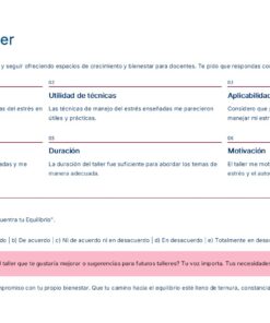 TALLER PARA DOCENTES: “Estrategias Prácticas para Manejar el Estrés en el Aula 8 Un formulario de evaluación del taller en español con secciones sobre comprensión del estrés, utilidad de la técnica, aplicabilidad, actividades, duración, motivación, satisfacción general y una pregunta abierta para sugerencias.