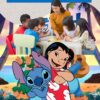 Agenda Escolar Lilo & Stitch 2025 – 2026 Editable 17 Una profesora y cinco niños pequeños sentados alrededor de una mesa, realizando una actividad. Delante, los personajes de dibujos animados Lilo y Stitch posan, con un fondo tropical y el texto