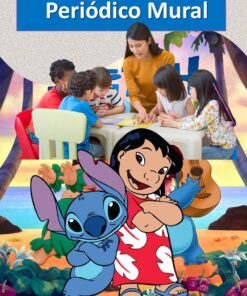 Una profesora y cinco niños pequeños sentados alrededor de una mesa, realizando una actividad. Delante, los personajes de dibujos animados Lilo y Stitch posan, con un fondo tropical y el texto 