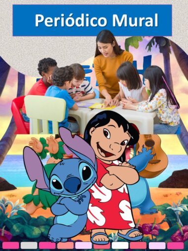 Una profesora y cinco niños pequeños sentados alrededor de una mesa, realizando una actividad. Delante, los personajes de dibujos animados Lilo y Stitch posan, con un fondo tropical y el texto "Periódico Mural" en la parte superior.