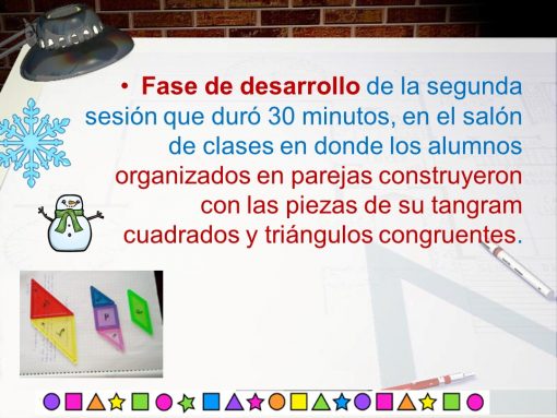 La imagen muestra un mensaje en español sobre una sesión de clase de tangram, como parte de la Estrategia Didáctica Tangram / Reforzamiento Matemático basada en el ABP (5 momentos), con instrucciones escritas en texto rojo y azul. A la izquierda hay una ilustración de copo de nieve y un muñeco de nieve, y debajo, fotos de piezas de tangram sobre una mesa.
