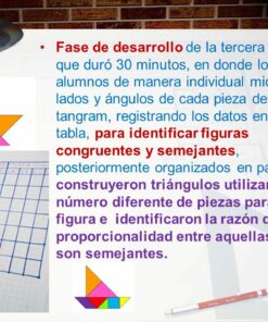 Un documento que muestra instrucciones en español para una actividad en el aula que involucra medir lados y ángulos de una pieza de tangram. La página también incluye imágenes de formas geométricas, un rompecabezas tangram colorido sobre una mesa con una hoja de diseño geométrico, y enfatiza su uso como Estrategia Didáctica Tangram / Reforzamiento Matemático basado en el ABP (5 momentos).