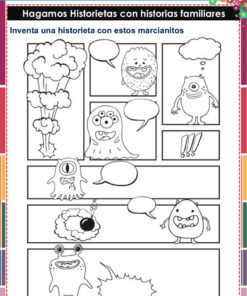Cuadernillo de Proyectos Lenguajes – 1° Grado PRIMARIA NEM (2025 - 2026) 40 Una plantilla de cómic en blanco y negro muestra varios simpáticos alienígenas y bocadillos vacíos. La cabecera invita a los usuarios a crear una historia con estos