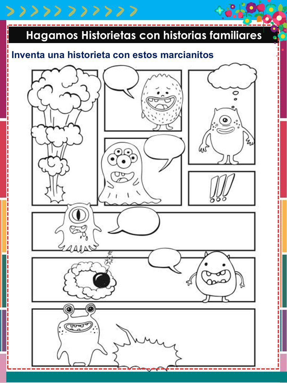Cuadernillo de Proyectos Lenguajes – 1° Grado PRIMARIA NEM (2025 - 2026) 19 Una plantilla de cómic en blanco y negro muestra varios simpáticos alienígenas y bocadillos vacíos. La cabecera invita a los usuarios a crear una historia con estos "pequeños marcianos". Los bordes tienen motivos coloridos.
