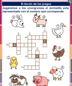 Un crucigrama en español para niños con dibujos de un conejo, un cerdo, un pato, un pollito, una oveja, una vaca y un perro, cada uno etiquetado con un número para que coincida con las pistas del crucigrama.
