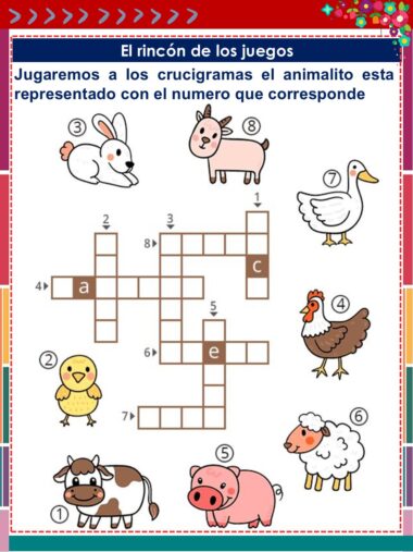 Un crucigrama en español para niños con dibujos de un conejo, un cerdo, un pato, un pollito, una oveja, una vaca y un perro, cada uno etiquetado con un número para que coincida con las pistas del crucigrama.