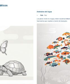 Cuadernillo de Inglés – Primaria NEM | Fase 3 11 Dos secciones: a la izquierda, dibujos en escala de grises de un pájaro, una mariposa, una tortuga y un cerdo sobre un fondo claro; a la derecha, peces de colores nadando juntos, que ilustran la diversidad de los animales acuáticos. Ambas secciones tienen encima nombres de animales en español.