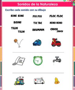 Hoja de ejercicios en español con onomatopeyas e imágenes: teléfono (ring ring), silbato (piii piii), gotas de agua (ploc ploc), baloncesto (boing), reloj (tic tac), sirena (