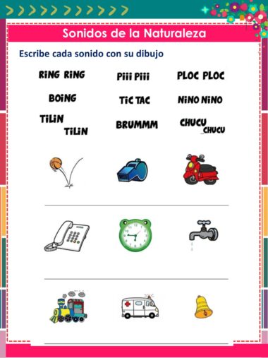 Hoja de ejercicios en español con onomatopeyas e imágenes: teléfono (ring ring), silbato (piii piii), gotas de agua (ploc ploc), baloncesto (boing), reloj (tic tac), sirena ("niño niño"), timbre (tilin tilin), patinete (brummm), tren (chucu chucu).