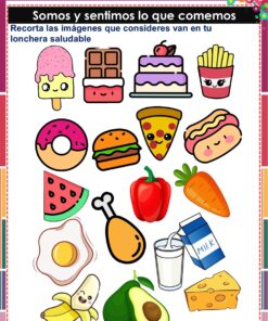 Cuadernillo de Proyectos Lenguajes – 1° Grado PRIMARIA NEM (2025 - 2026) 38 Una colorida hoja de ejercicios en español muestra varias simpáticas ilustraciones de alimentos, como helado, chocolate, tarta, donut, hamburguesa, perrito caliente, pimiento, zanahoria, huevo frito, muslo de pollo, leche, queso, plátano y aguacate.