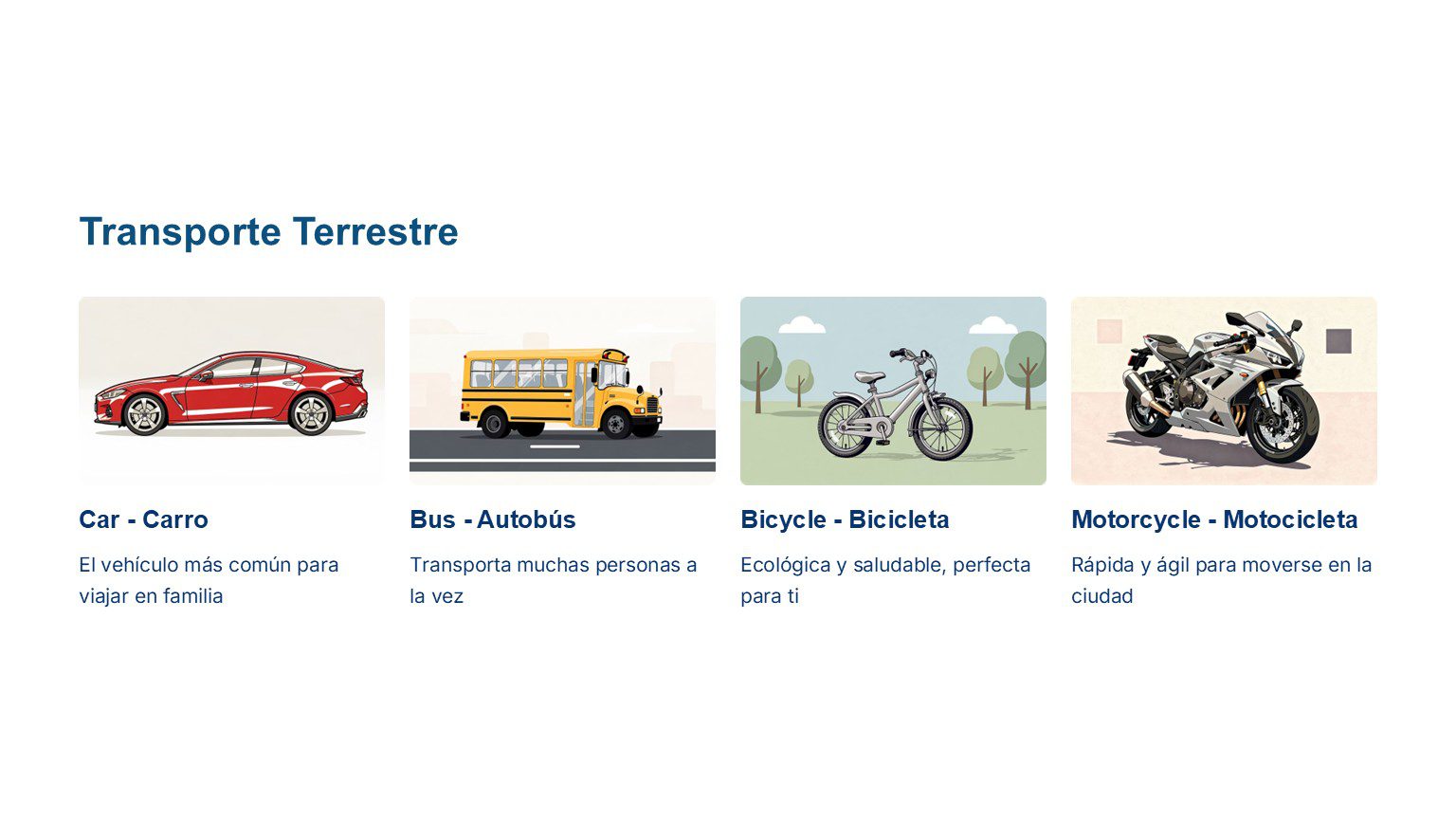Cuadernillo de Inglés – Primaria NEM | Fase 3 6 Cuatro medios de transporte ilustrados: un coche rojo, un autobús amarillo, una bicicleta gris y una motocicleta blanca. Las etiquetas en español e inglés nombran y describen brevemente cada medio de transporte terrestre.